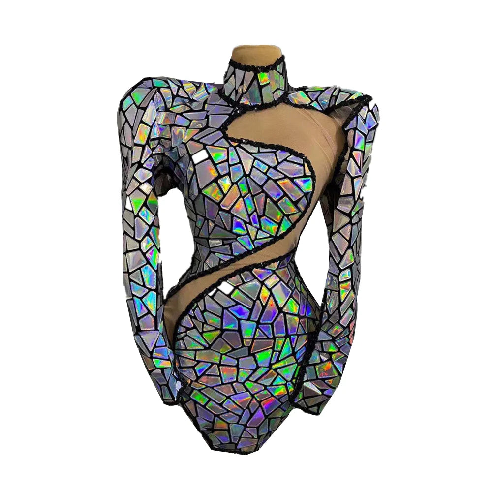Sexy Dress Women See Through Hollow Out Patchwork Mesh Mirror Sequin Nightclub Party Dress Dance Stage Wear Prom Dresses
