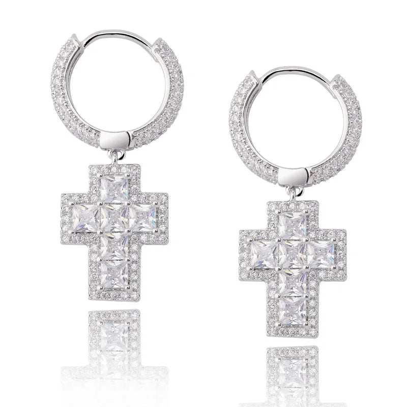 Wholesale Fashion Hip Hop Gold Plated Iced Diamond Baguette Drop Cross Earrings for Men Women
