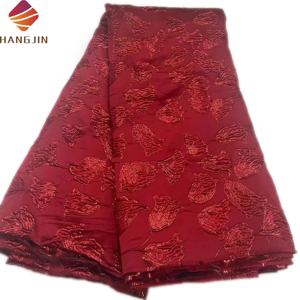 Luxury Red African Brocade Jacquard Fabric High Quality Embroidered Metallic Brocade Lace Fabric for Women Party Dress