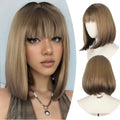 Mengtong Brown Short Bobo Straight Wig Natural with Bangs Daily Use for Women Heat Resistant Transparent Lace Wig French Lace