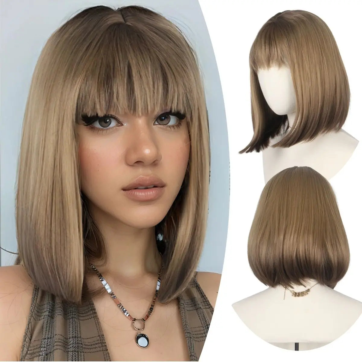 Mengtong Brown Short Bobo Straight Wig Natural with Bangs Daily Use for Women Heat Resistant Transparent Lace Wig French Lace