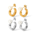 Dainty Stainless Steel 18K Gold Plated Geometric C- Shaped Pearls Color Cubic Zircon Hoop Earrings for Girls