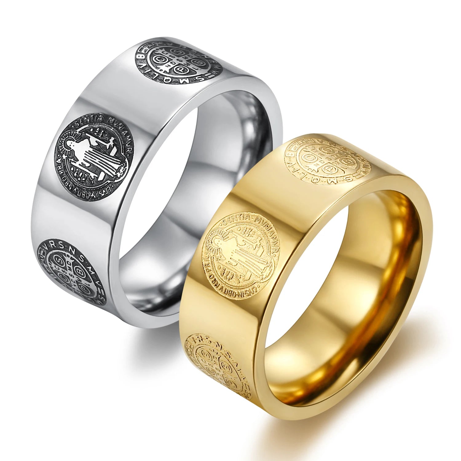 Unisex Religious Christ Jesus St Benedict Exorcism Ring Stainless Steel Catholic Roman Cross Demon Ghost Hunter Gold Silver