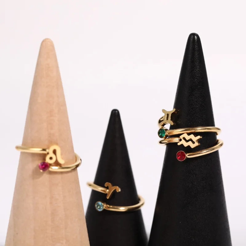 Stainless Steel 12 Zodiac Sign Rings 12 Zodiac Sign Rune Rings 18k Real Gold Zircon Birthstone Open Rings