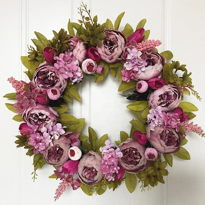 Factory Direct 18 Inch Artificial Peony Flower Wreath Autumn for Front Door Wall Window Decoration