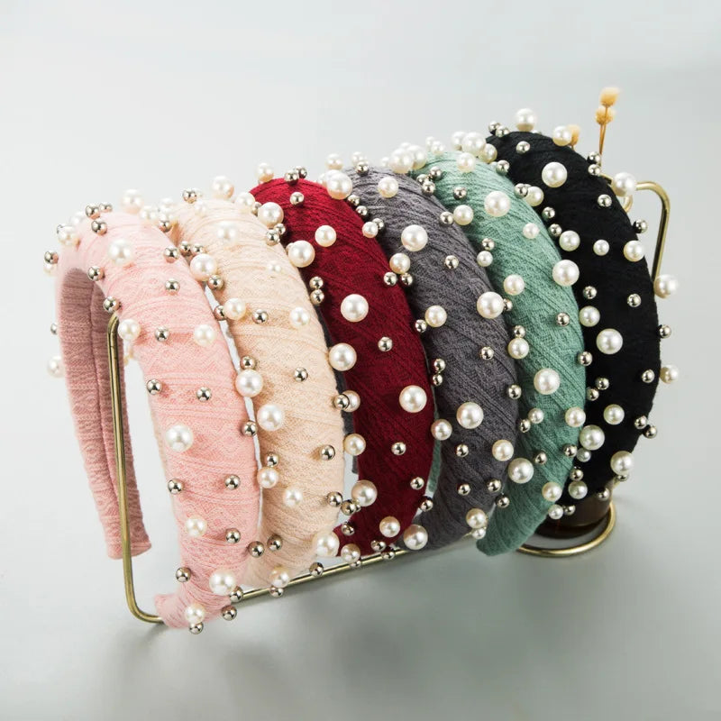 Women Korean Style High Cranial Top Hair Accessories Wide Edge Headband Fashion Simple Pearl Hair Bands for Girls