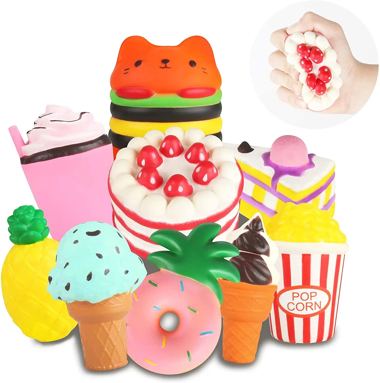 Hot Sale Anti-Stress Fidget Squishy Food Toys Jumbo Slow Rising Hamburger Popcorn Cake Ice Cream Donut for Kids Age 5-7 Made PU