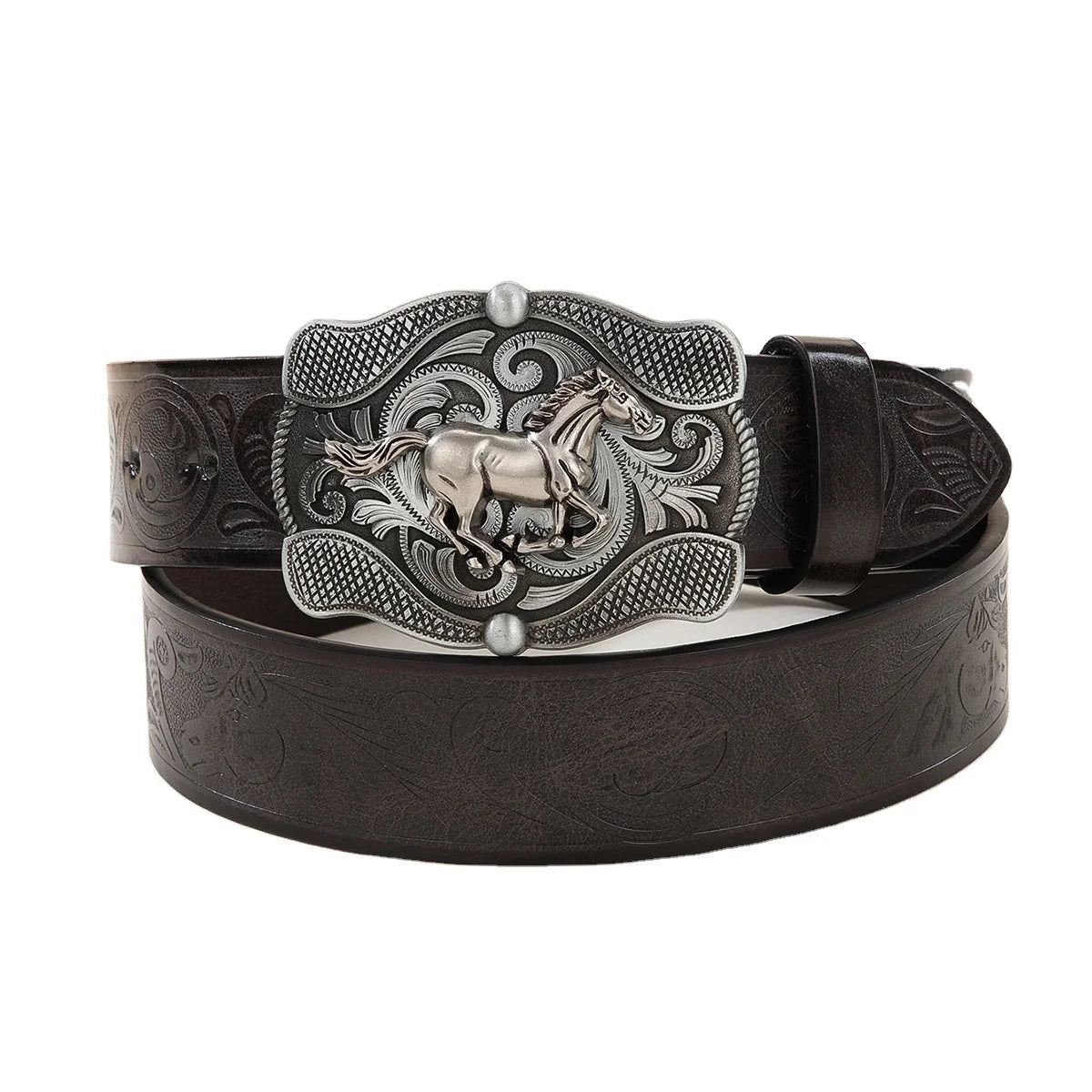Western Leather Buckle Belts Cowboy Horse Pattern Buckle Belt Floral Engraved Buckle Belt for Men