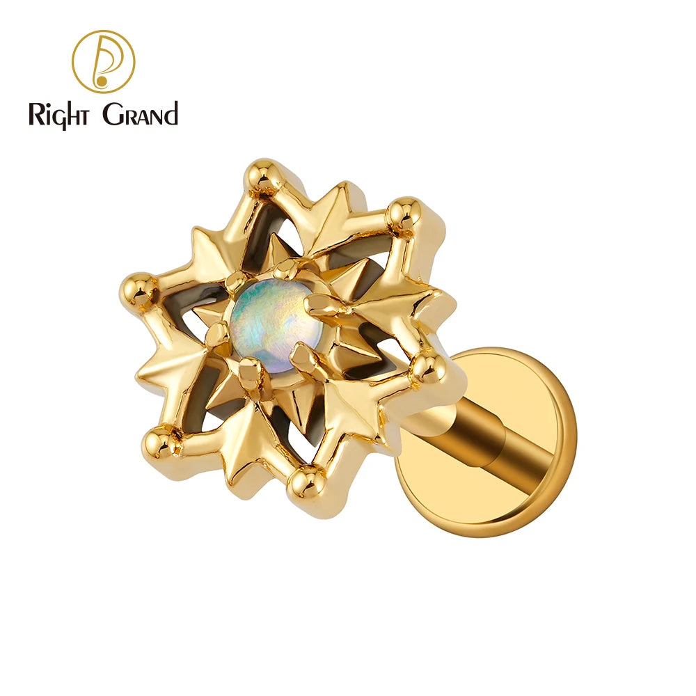 ASTM F136 Titanium 16G Internal Thread Tribal Sun Helix Stud with Opal Internally Threaded Labret Cartilage Conch Stud Piercing