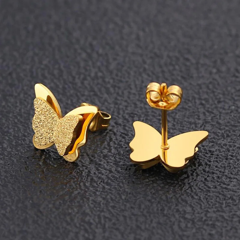INS Style Fashion 18K Gold Silver Rose Plated Stainless Steel Small Butterfly Wing Stud Earring Jewelry for Woman