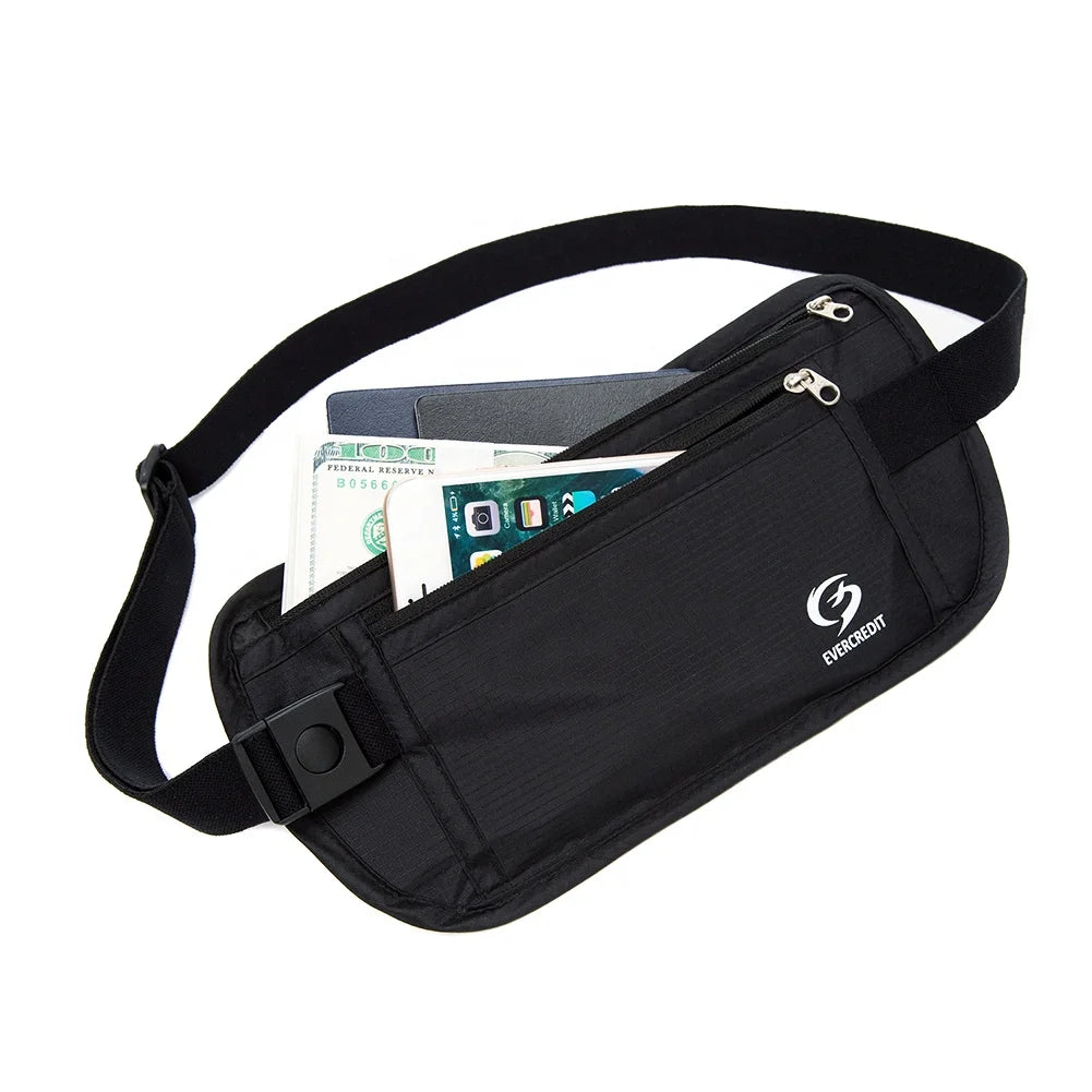 Evercredit Custom Logo Fanny Pack for Running Hiking Cycling Black Polyester Bum Waist Bag Factory OEM Water Proof