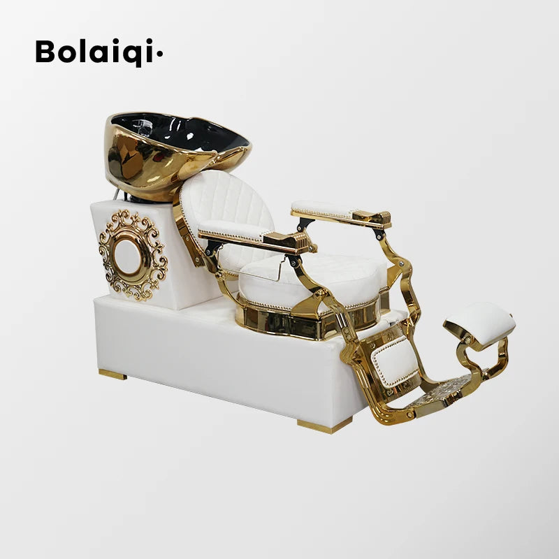 BOLAIQI Luxury Shampoo Gold Bowls Sink and White Chairs Hairdressing Salon Shampoo Station Gold Shampoo Chair