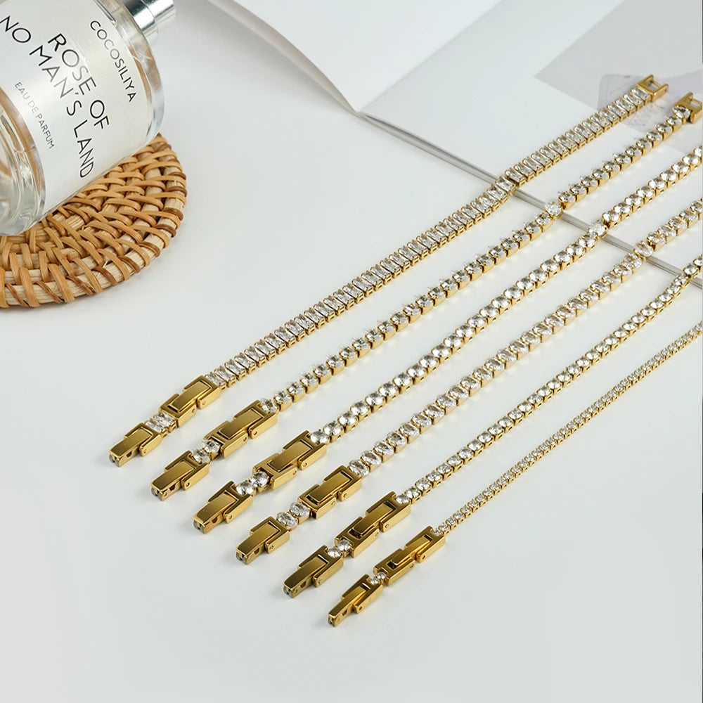 Fashion PVD 18K Gold Plated 316L Stainless Steel Jewelry Bling Charm Shiny Cubic Zircon Waterproof for Woman Bracelet B252548