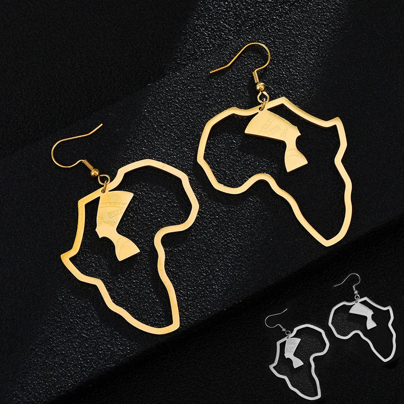 Custom Fashion Stainless Steel 18K Gold Plated Africa Map Outline Heart Pendant Earrings for Men Women Afro Wire Stud Earrings