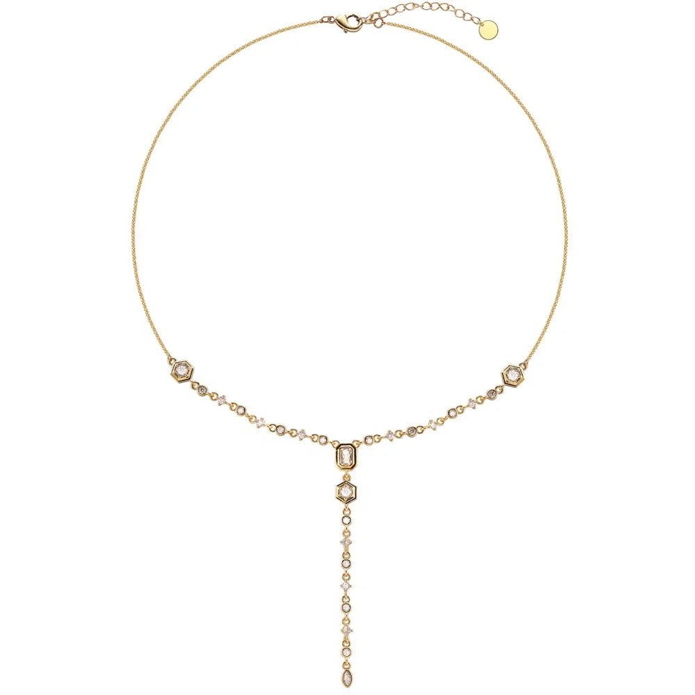 2024 New Light Luxury Brass Gold-Plated Inlaid Zircon Y Chain Choker Necklace Female Stacking Chain Jewelry Customized
