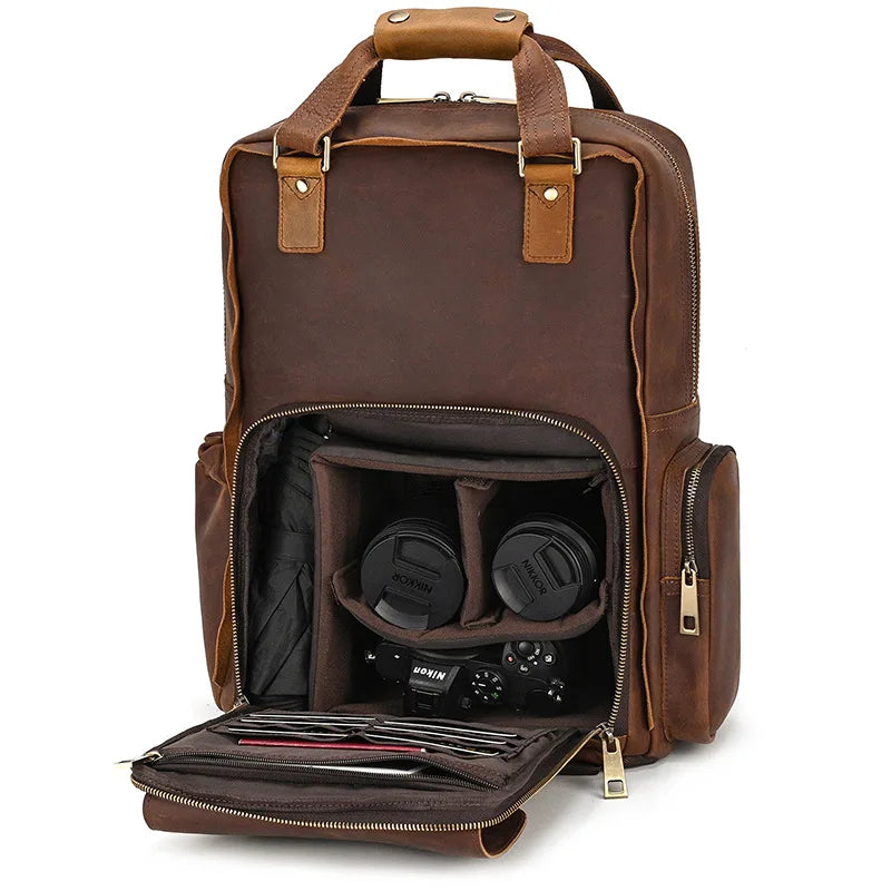 Outdoor Photography Crazy Horse Leather Backpack Genuine Leather SLR Camera Bag Genuine Leather Backpack Detachable Liner