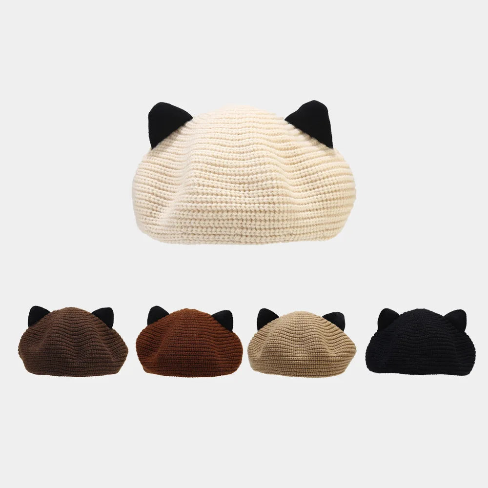 Sewingman B0590Z Winter Thick Cute Cat Ear Knit Custom Beret Hat for Women