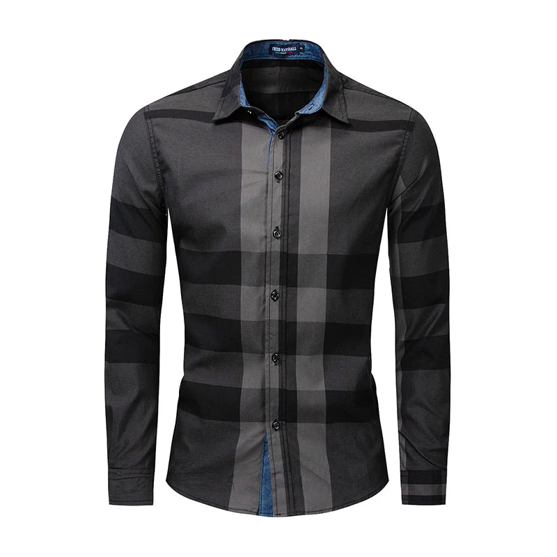 RNSHANGER Fashion Patchwork Plaid Shirt for Men Casual Button Down Long Sleeve Cotton Dress Shirts Social Business Shirts