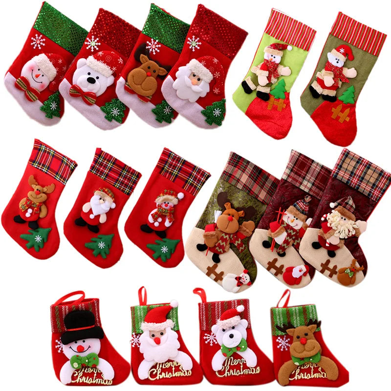 Santa Claus Little Socks Christmas Tree Pendant Linen Christmas Decoration Supplies with Gift Bag