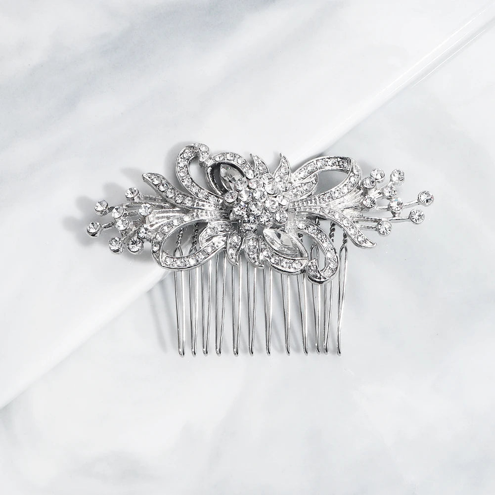 Bowknot Crystal Rhinestone Bridal Hair Comb Is Suitable for Wedding Party Performance Ball Girl Headdress