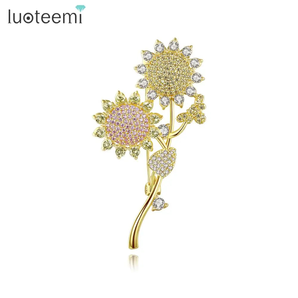LUOTEEMI Elegant Cute Korean Flower Rotatable  Brooch Sun Flower Colorful CZ Brooch Pins for Women