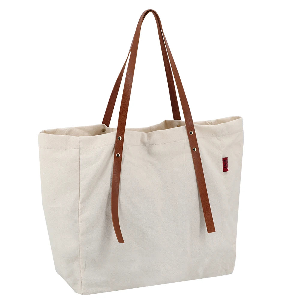Big Size Washable Durable Canvas Tote Blank Cotton Shopping Canvas Bag Carry Shop Grocery Bag With PU Leather Handle