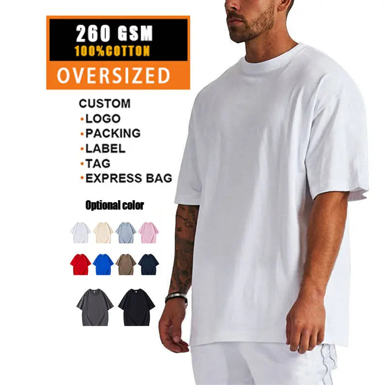 Men's 260 GSM 100% Cotton Oversized T-Shirt Custom Logo Blank Crew Neck Short Sleeve Tee for Street & Casual Wear
