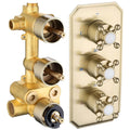 Brushed Gold Solid Brass 3-Way Thermostatic Shower Diverter Mixing Valve Trim Kit Contemporary Rain Spray Pattern with 3 Handles