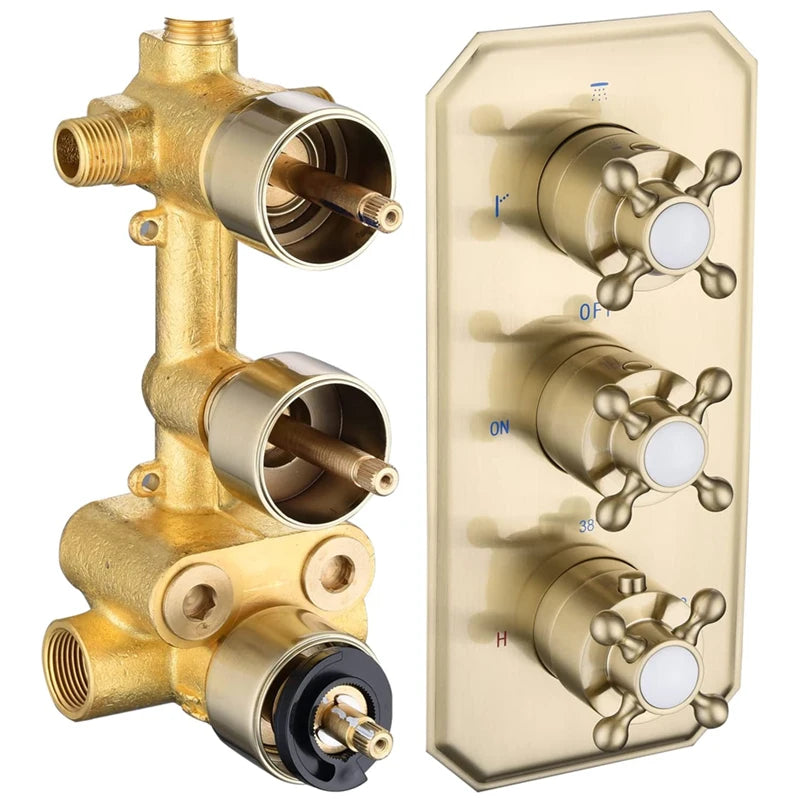 Brushed Gold Solid Brass 3-Way Thermostatic Shower Diverter Mixing Valve Trim Kit Contemporary Rain Spray Pattern with 3 Handles