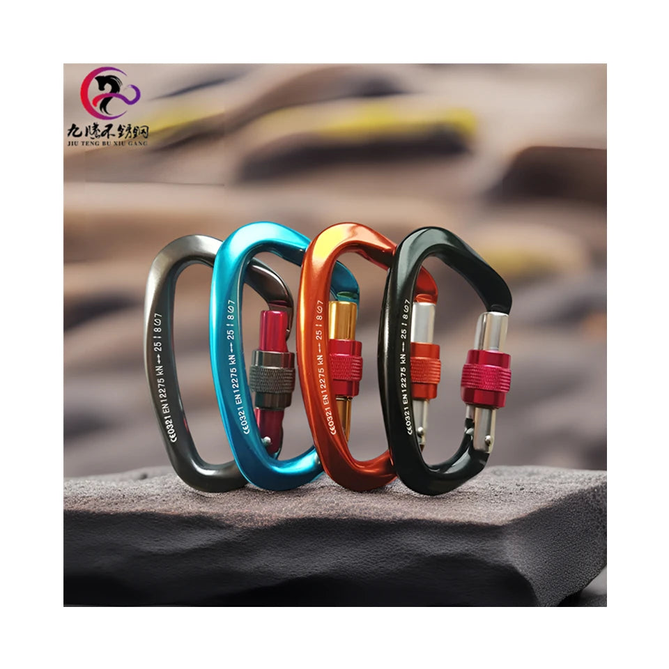 D Type 25KN Rock Climbing Carabiner 7075 Aviation Aluminium Main Lock Safety Buckle for Camping Equipment and Hammock Climbing