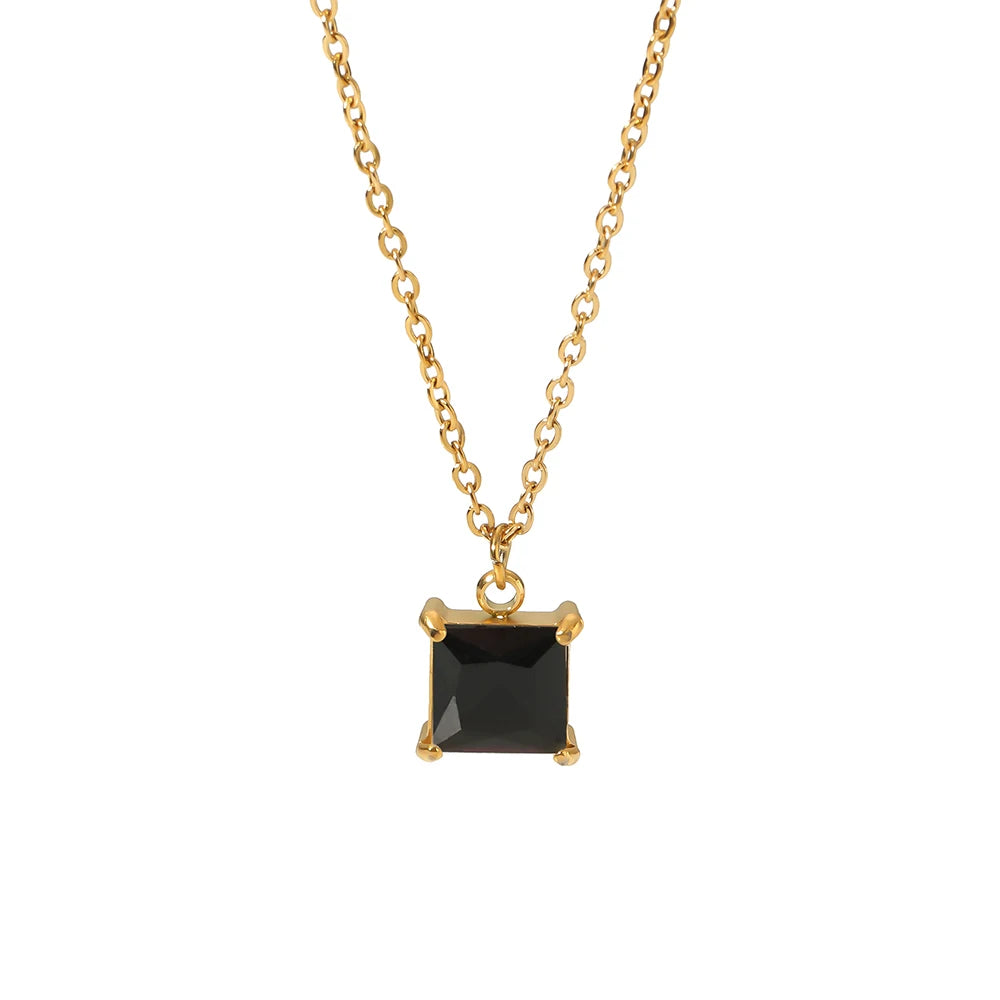 Luxury Stainless Steel Non Tarnished 18K Gold Plated Square Black Cubic Zirconia Pendant Women Necklace