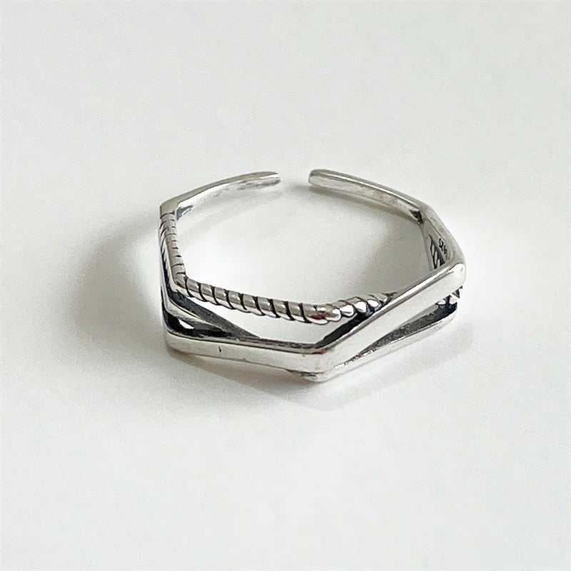 Wish Jewelry Vintage Tarnish Free Rhodium Plated Adjustable Rings Twist Texture S925 Sterling Silver  Open Ring Jewelry