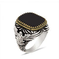 DAIHE Fashion New Retro Two Tones Silver Plated Men's Ring Black Agate Punk Fashion Men Jewelry