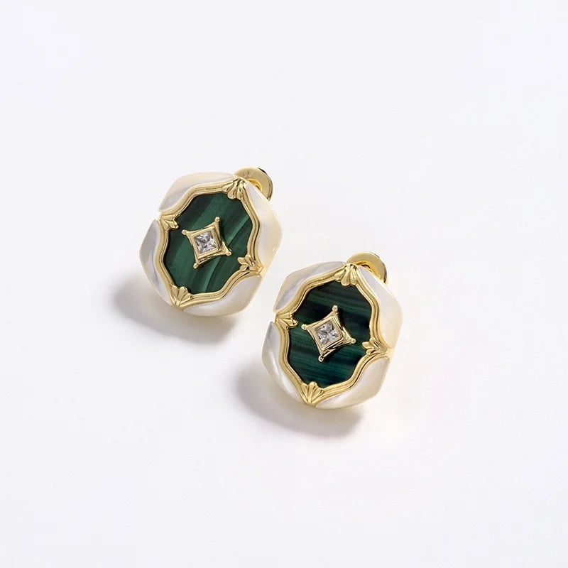 Aimgal Retro Malachite Stud Earrings Natural Stone 18K Gold-Plated 925 Silver with Mother-of-pearl Luxury
