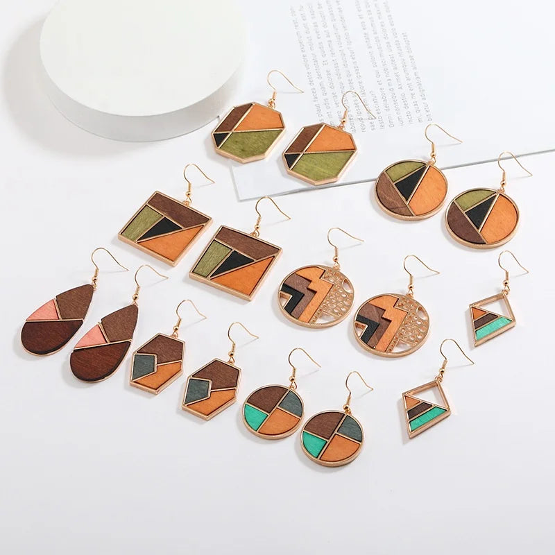 Wooden Dangle Earrings Handmade Environment Friendly Geometric Statement Drop Earring for Women