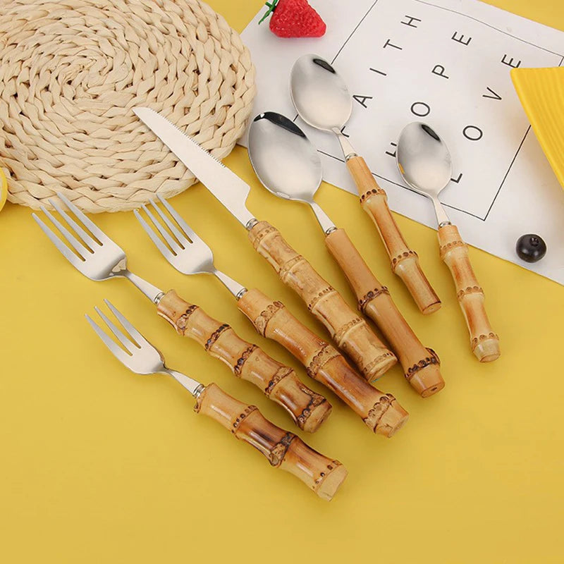 Bamboo Shape Handle Design 4 Pcs Flatware Set Stainless Steel #304 Knife Fork Spoon Cutlery Set Gift Box