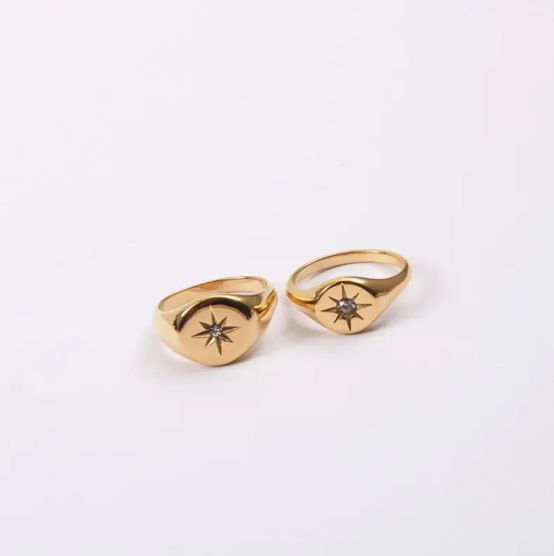 Free Tarnish Stainless Steel Round Signet Ring Women North Star Burst Gold Plated Diamond Ring Star