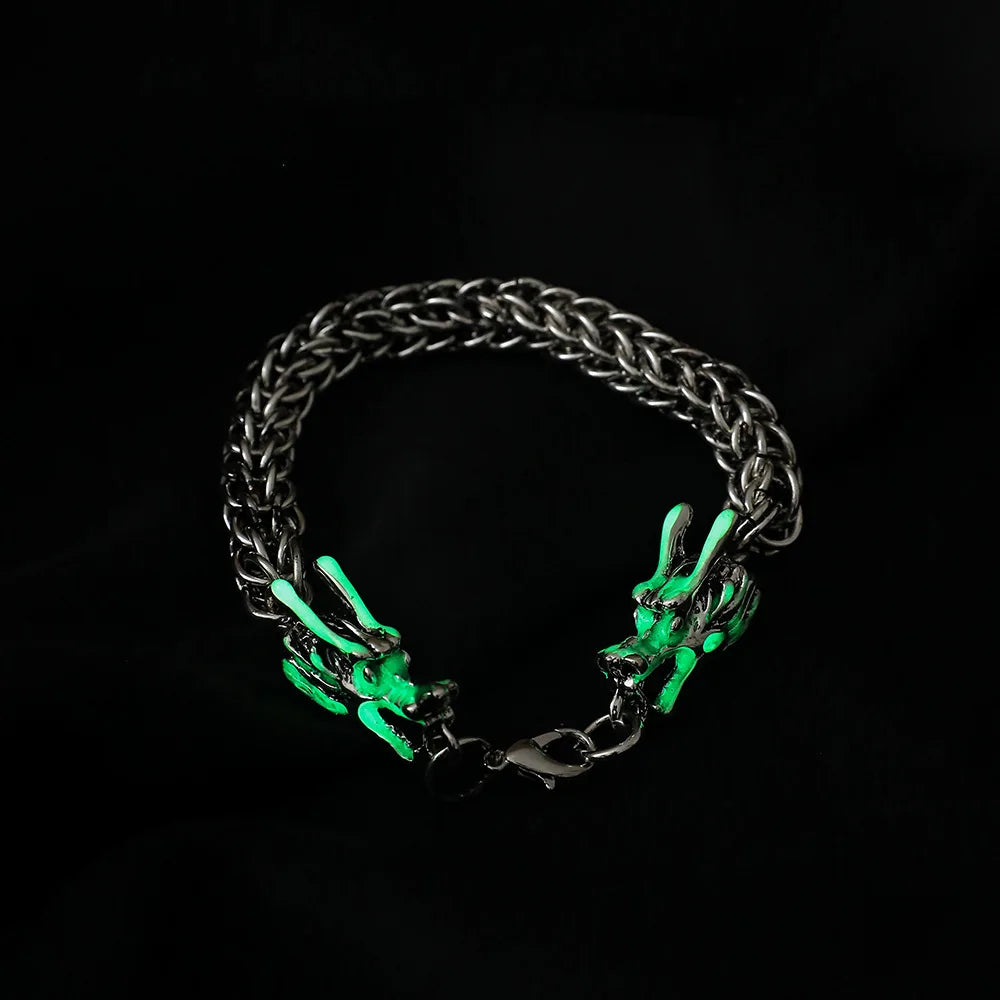 Punk Fashion Mens Creative Luminous Dragon Design Thick Chain Bracelet for Men Antique Silver Luminous Dragon Head Bracelet