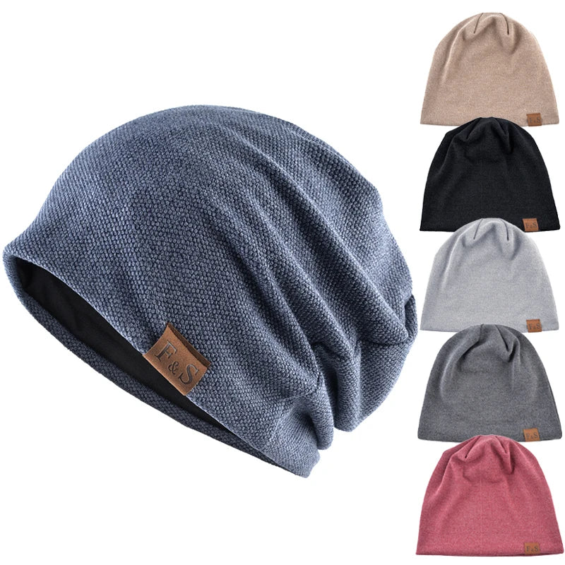 Vintage Soft Denim Plush Cotton Lining Slouchy Skull Cap Knitted Beanie Hat With Leather Patch