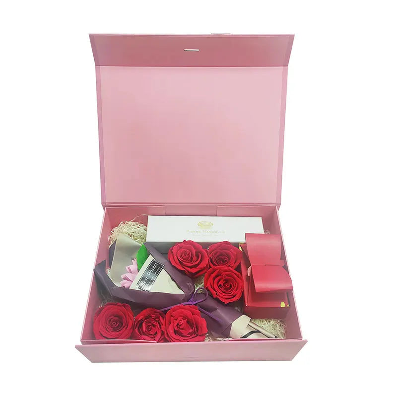 Custom Foil Stamping logo Luxury pink Flower Gift Hamper Packing Boxes