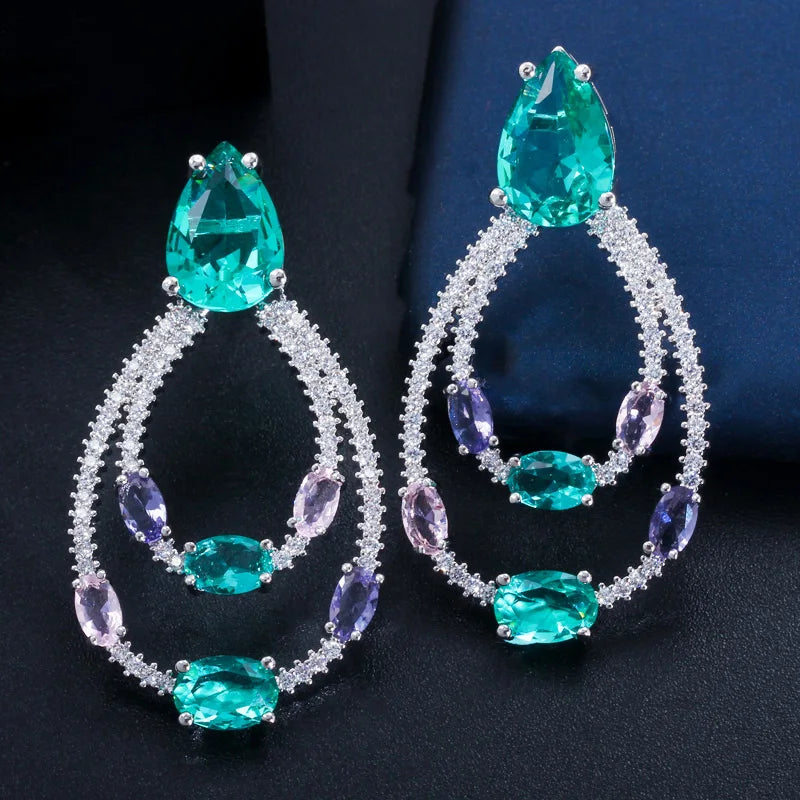 Luxury Designer Double Circle Drop Light Blue Cubic Zircon Pave Stone Large Statement Earrings Trendy Female Party Jewelry Gift