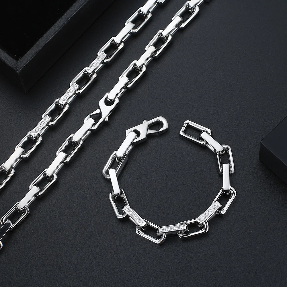 For BTC20 Wholesale Men's 18K Gold Plated 304 Stainless Steel Zircon Inlay Necklace 3 Parts Inline Big Box Chain Anniversary