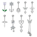 10Pcs/Set Heart Shaped Zircon Belly Button Ring Small Bell Butterfly 316L Steel Piercing Jewelry Long Dangle Flower Navel Rings