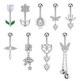 10Pcs/Set Heart Shaped Zircon Belly Button Ring Small Bell Butterfly 316L Steel Piercing Jewelry Long Dangle Flower Navel Rings