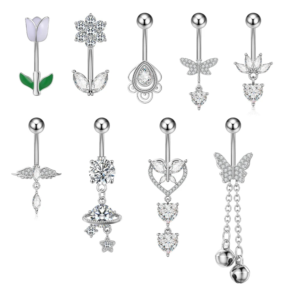 10Pcs/Set Heart Shaped Zircon Belly Button Ring Small Bell Butterfly 316L Steel Piercing Jewelry Long Dangle Flower Navel Rings