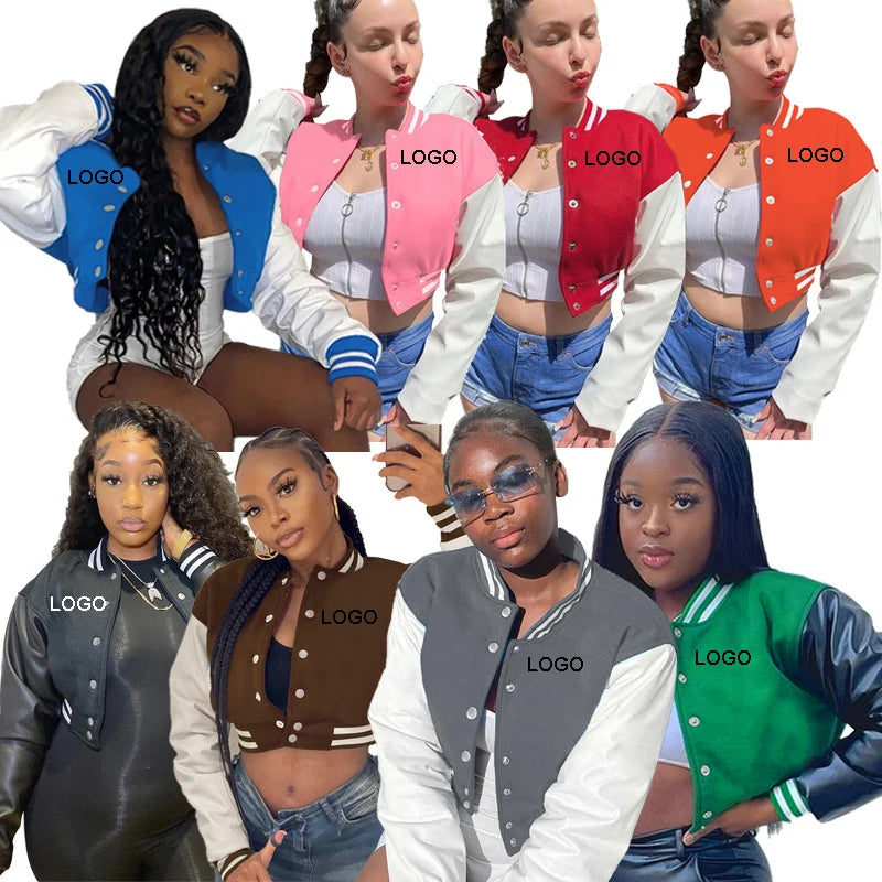 Custom Chenille Patches Solid Women's Short Leather Jacket Fall 2024 Collection Varsity Coat Long Sleeve Crop Bomber Baseball