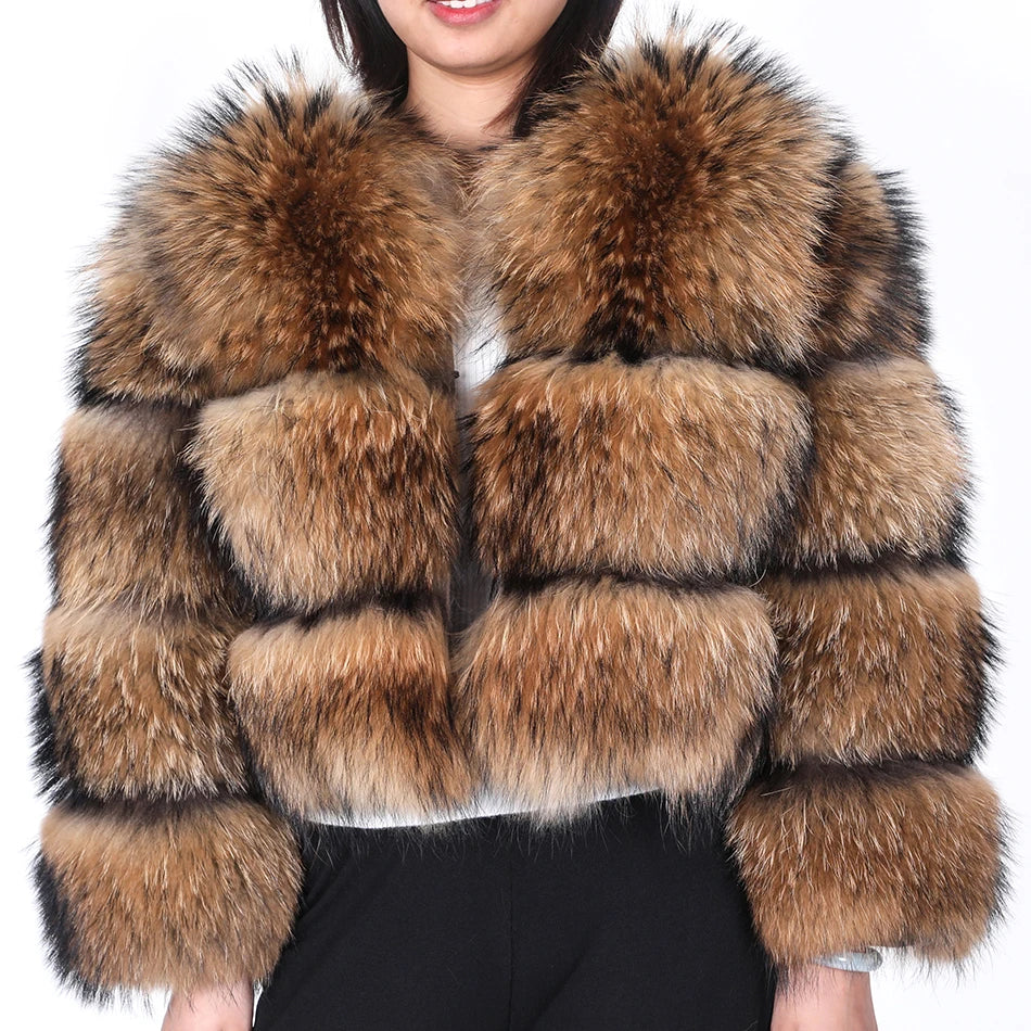 Wholesale Natural Raccoon Fur Parka Coat Winter Thick Warm Outwear with Short Canvas Real Fur Hooded Jacket