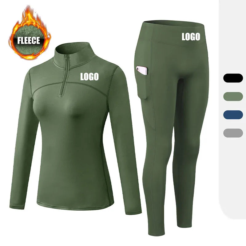 Women Activewear Breathable Quick Dry Plush Long Sleeved Zipper Top Side Pocket Workout Leggings 2 Pieces Gym Wear Set