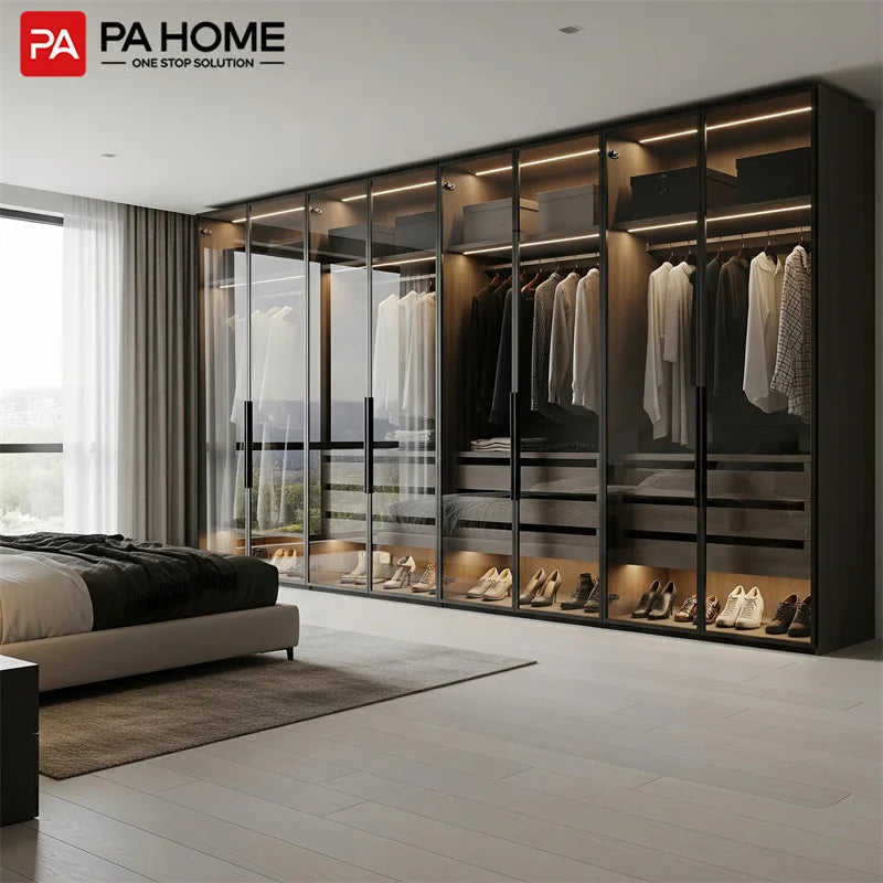 PA Built in Modern Black Glass Bedroom Furniture Wardrobe With Shoe Rack