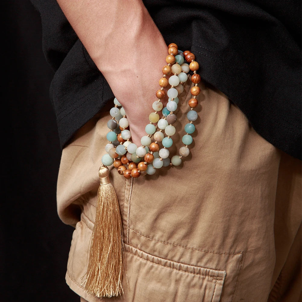 108 Mala Beads Necklace Semi-Precious Gem Stones Meditation Necklace 108 Hand Knotted Japan Mala Beaded Tassel Necklace for Men